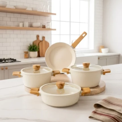 Batterie de Cuisine Céramique Antiadhésive Vivaldi Diamond Series – 7 Pièces - Crème