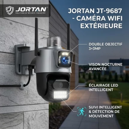 caméra de surveillance wifi extérieure double objectif full hd 6mp jortan jt-9687 gris