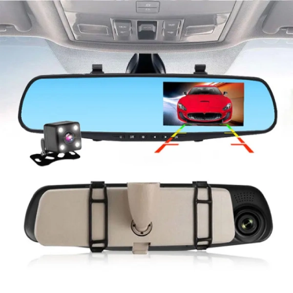 dashcam caméra tableau de bord rétroviseur double objectif full hd 1080p dvr écran 4.3 pouces