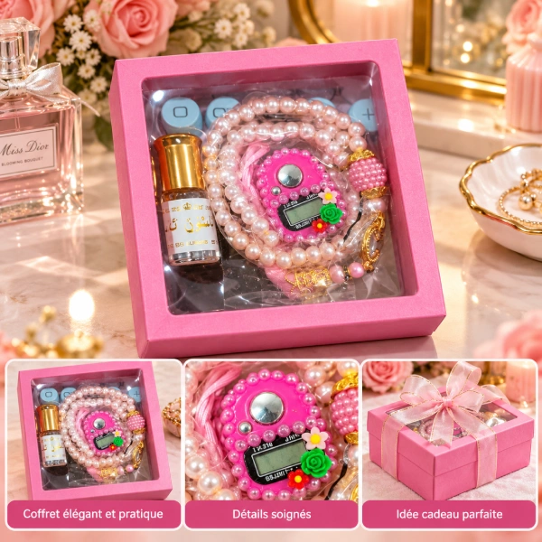 coffret cadeau musulman, sebha avec compteur de tasbih électronique, huile de musc ambre سبحة مسبحة الكترونية رقمية زيت العنبر والمسك
