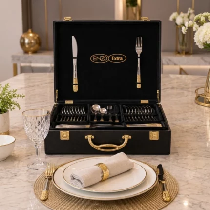 coffret ménagère de cuisine enzo extra 72 pièces en acier inoxydable 18/10 argent doré