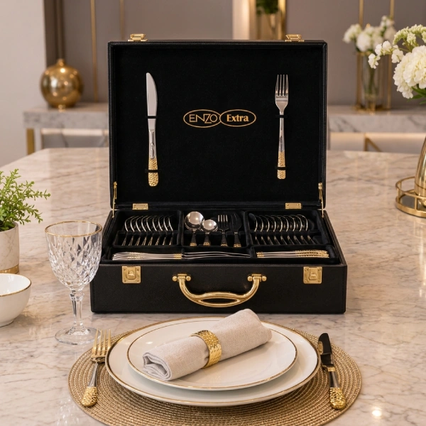 coffret ménagère de cuisine enzo extra 72 pièces en acier inoxydable 18/10 argent doré