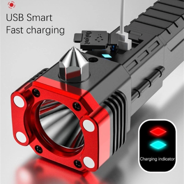 lampe torche tactique d'urgence led rechargeable multifonction 6en1 avec marteau de sécurité, coupe-ceinture, powerbank