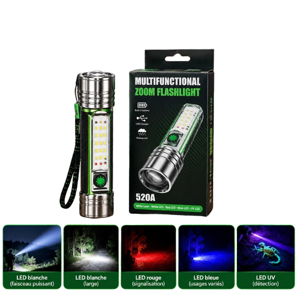 lampe de poche torche uv led multifonctionnelle rechargeable zoom télescopique 520a