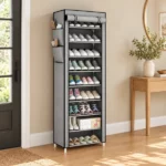 porte-chaussures pliable 9 niveaux étagères avec housse poches gris