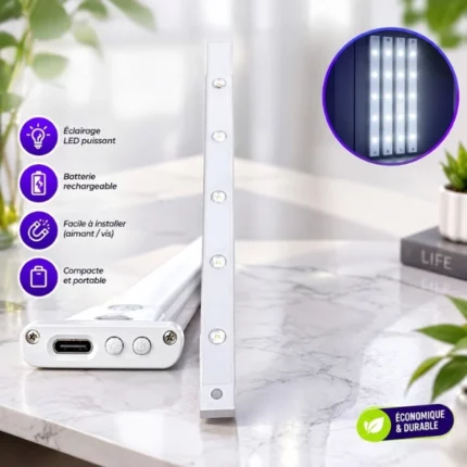 réglette lampe led sans fil rechargeable usb 5 ampoules à détecteur de mouvement 60cm
