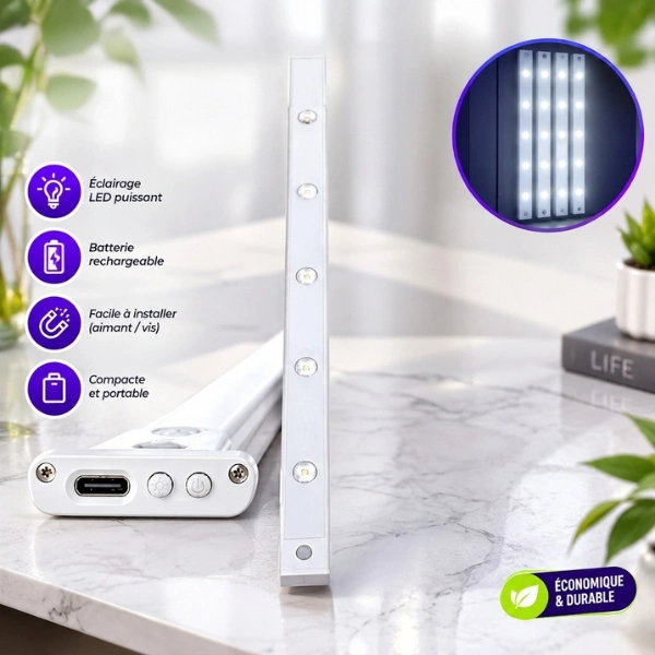 réglette lampe led sans fil rechargeable usb 5 ampoules à détecteur de mouvement 60cm