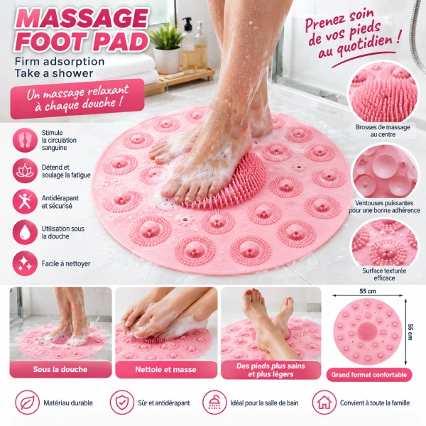 tapis de douche antidérapant rond massage pieds rose