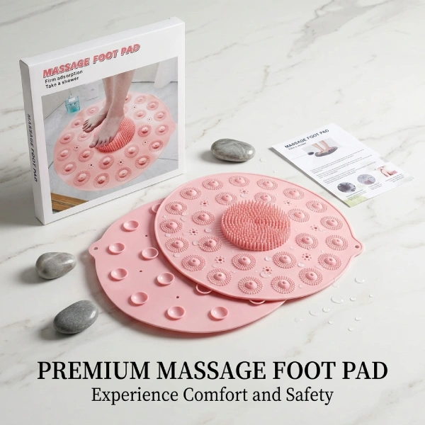 tapis de douche antidérapant rond massage pieds rose, massage foot pad